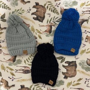 Kids Cozy Knit Pom-Pom Beanie Set - Gray, Blue, Black